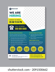 we are hiring worker flyer design template use vertical layout with blue gradient background. yellow and white on element design. space of photo collage.