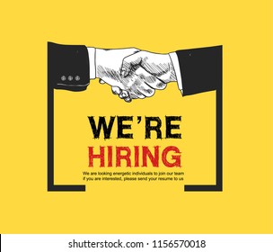 We are hiring yellow background color with shaking hands drawing style