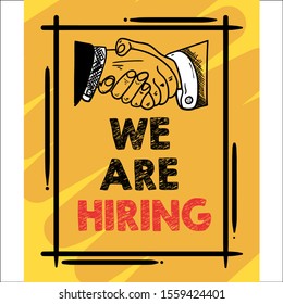 We are Hiring yellow background color. Business recruiting concept hand drawing style.