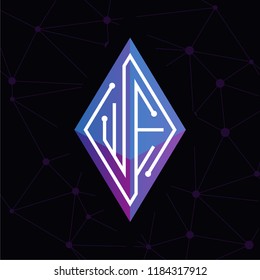 WE Initial letter block chain logo icon vector template. Looping mono line circuit letter on rhombus cube logo