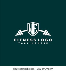 WE initial monogram for fitnes or gym logo with creative shield and barbell design