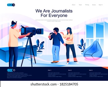 We are Journalists for everyone isometric landing page. Breaking news isometry website page. Correspondent and cameraman making reportage web concept, vector illustration with people characters.