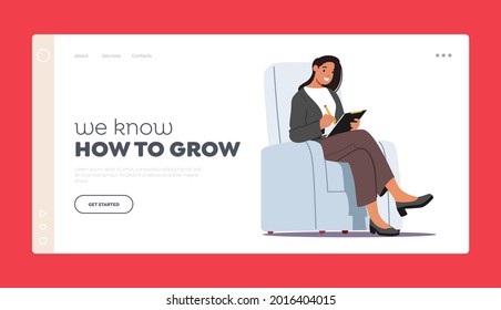 We Know how to Grow Landing Page Template. Businesswoman Character Wearing Formal Wear Sitting in Armchair Writing Paper Document, Read Applicant Cv or Interview. Cartoon People Vector Illustration