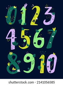 Aprendemos números. Afiche educativo para preescolar y escuela.Vector.Número íntimo con flores y plantas, colores brillantes.Fondo oscuro. Para jardines de infancia y habitaciones para niños. 
