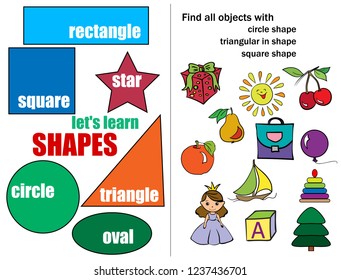 We learn shapes. Circle, square, triangle. Logic tasks for preschool children.  Puzzles for children. Workbook  for preschool education. 