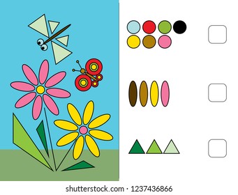 We learn shapes. Circle, square, triangle. Logic tasks for preschool children.  Puzzles for children. Workbook  for preschool education. 