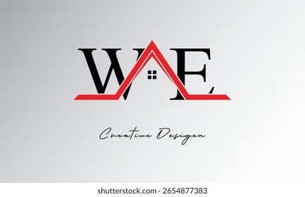 WE Letter House Logo – Monograma inmobiliario creativo con el icono del techo y la forma del hogar para la propiedad, la arquitectura y la marca moderna
