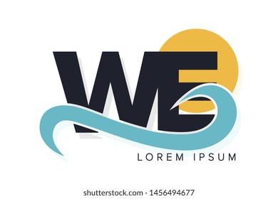 WE letter logo with ocean waves and sunset. Beach concept design