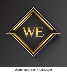 WE Letter logo in a square shape gold and silver colored geometric ornaments.
