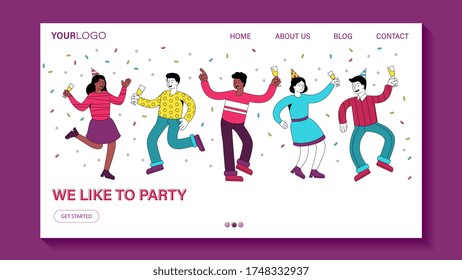We Like to Party invitation or card design with a group of diverse happy friends celebrating and dancing in a purple frame, colored vector illustration