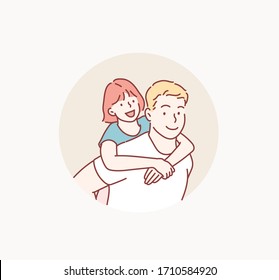 We like spending time together! girl on the shoulders of his father. Hand drawn style vector design illustrations.