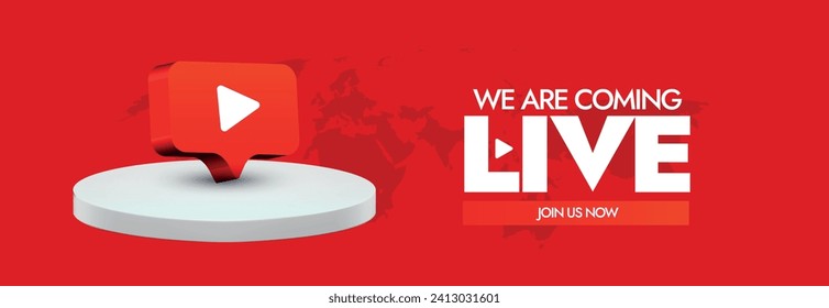 We are live announcement post for social media. We are live announcement cover banner in dark red colour banner with 3D play button icon on top of white circle. We are coming live, join us.