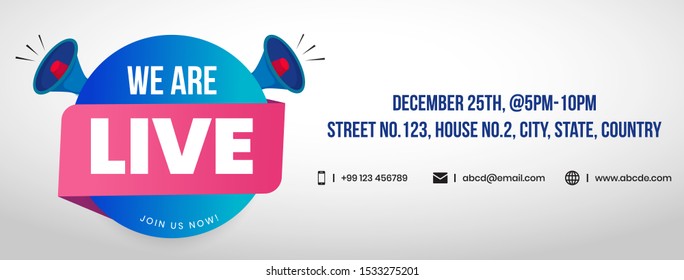 We are live join us facebook cover with two blue megaphone speakers in white background. Join us we are live facebook announcement cover with megaphones. Business opening announcement banner