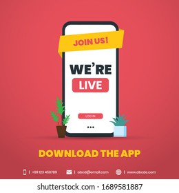 We are live vector template. Join us we are live with mobile. we are live post for facebook