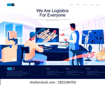 We are logistics for everyone isometric landing page. Warehousing and shipping isometry website page. Logistician planning delivery route web concept, vector illustration with people characters.