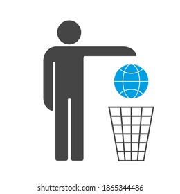 Estamos perdiendo la Tierra. El hombre arroja la Tierra al icono del vector de la basura.