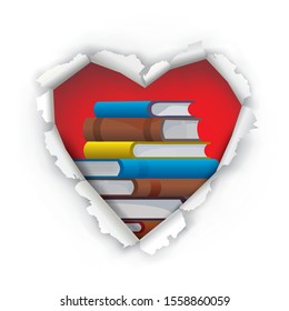 We love books, heart sign concept.
Torn paper red heart with books. Isolated on white background. Vector available.