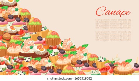 We love canapes, tapas on plate, appetizer dish with caviar, olives and green vegetables heap cartoon vector illustration. Buffet, restaurant love canape pre food and snack poster.