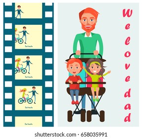 We love dad poster with father carrying kids on two seat stroller vector illustration. Careful daddy teaches his daughter to ride a bike on memory cards
