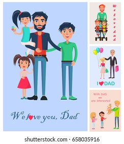 We love dad vector colorful banner of man with three children near small pictures demonstrating father's kind attitude towards kids