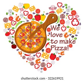 We love to make pizza, food, Italy, composition, pizza love, heart shape with vector icons