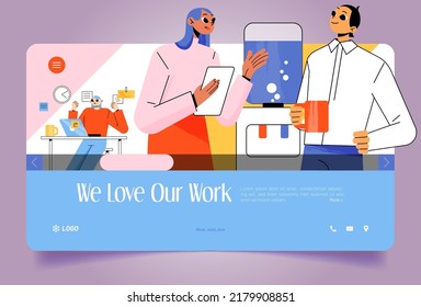 We Love Our Work Web Banner. Office People Talk And Drink Beverage At Workplace With Water Cooler And Desk. Business Colleagues Chat Conversation, Coffee Break, Line Art Flat Vector Landing Page