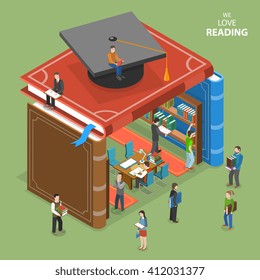 We love reading isometric flat vector concept. People near and inside library that is built of books. Education, reading, learning online. Online education, e-learning, tutorial, training courses.