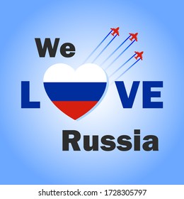 Amamos la bandera de Rusia con bandera en forma de corazón. Diseño creativo del Día Nacional de Rusia con aviones de combate en el cielo para la web y los medios sociales.