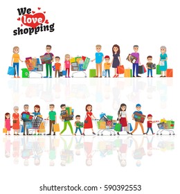 We love shopping concept with two horizontal reflecting lines of hilarious people holding goods. Vector illustration of kids with parents and elderly people that hold household appliances etc.