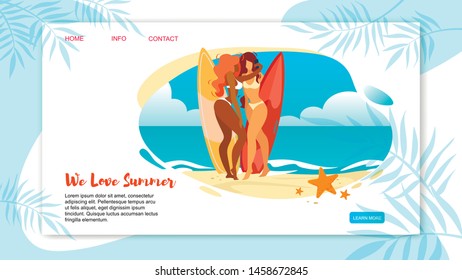 We Love Summer Horizontal Banner with Sexy Girls in Bikini Posing and Making Selfie with Surfer Boards Standing at Beach Seaside. Summertime Leisure, Sport, Vacation Cartoon Flat Vector Illustration.