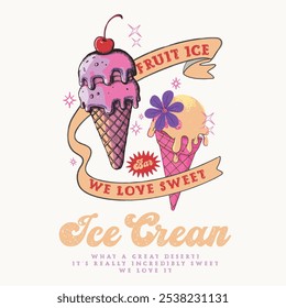 Nos encanta dulce, Ice cream love club camiseta de impresión gráfica, ropa, carteles, fondo, Arte vectorial dibujado a mano helado retro, disfrutar del verano con helado dulce. Diseño gráfico de la camiseta del verano 