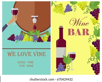 We love wine template poster with necessary attributes. Vector poster with two parts of bottle and glass with alcoholic drink near grapes and barrel