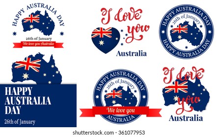 We love you Australia badge, label, logo, greeting Card. National Celebration. Happy Australia Day.  Vector illustration.