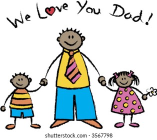 "We Love You Dad" dark skin tone family (vector) - cartoon illustration