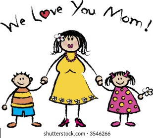 WE LOVE YOU MOM light skin tone family greeting (vector) - cartoon illustration