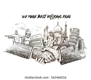 We make best holidays deals, Visa Deal the world monument concept, Hand Drawn Sketch Vector illustration.