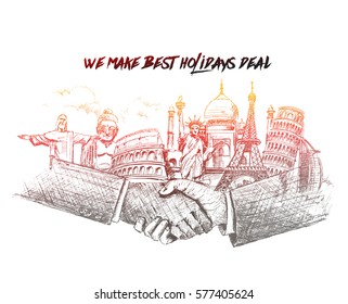 We make best holidays deals, Visa Deal the world monument concept, Hand Drawn Sketch Vector illustration.
