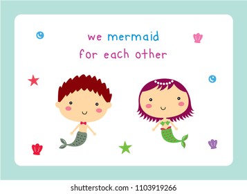 we mermaid for each other wedding card vector. cute mermaid cartoon wedding card.
