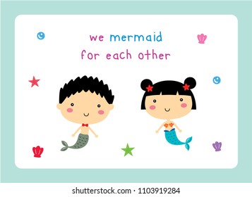 we mermaid for each other wedding card vector. cute mermaid cartoon wedding card.