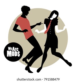 We are Mods. Silhouettes of couple wearing retro clothes in the 1960s Mod style dancing 