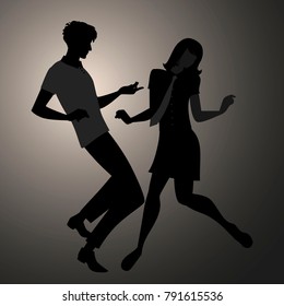 We are Mods. Silhouettes of couple wearing retro clothes in the 1960s style dancing 