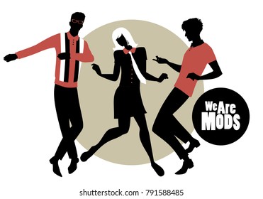 We are Mods. Silhouettes of two guys and girl wearing retro clothes in the 1960s Mod style dancing Northern Soul