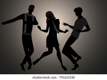 We are Mods. Silhouettes of two guys and girl wearing retro clothes in the 1960s style dancing 