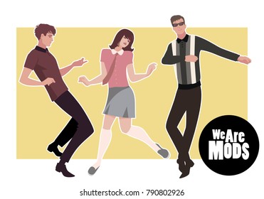 We are Mods. Young guys and girl wearing retro clothes in the 1960s Mod style dancing Northern Soul