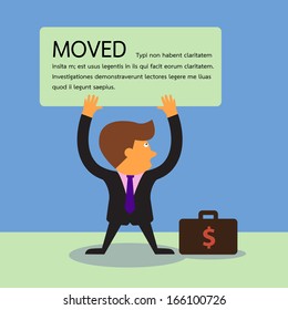 We moved banner in businessman hand