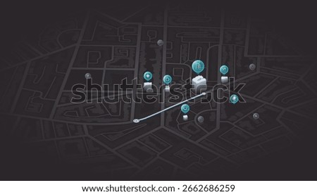 We moved. City navigation map in dark mode. 3D navigation map with route and location pin. Isometric city map with POI icons for hospitals, restaurants, shopping, park. Vector illustration