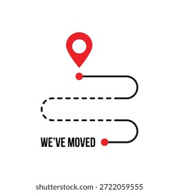 Movimos el ícono con la etiqueta geo local roja. Fácil búsqueda de nuevo lugar para la oficina o el hogar y mudarse o reubicarse desde el lugar antiguo. Elemento gráfico abstracto para un diseño simple o Sitio web de la tienda