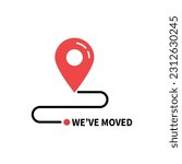 we moved minimal icon with pin. concept of interest land mark like ecommerce delivery or transfer. flat stroke trendy locator logotype graphic art simple design illustration element isolated on white