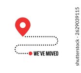 we moved minimal icon with pin. concept of interest land mark like ecommerce delivery or transfer. flat stroke trendy locator logotype graphic art simple design illustration element isolated on white