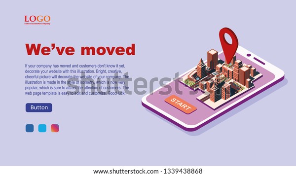 We moved the template for the web\
page. Isometric illustration with mobile phone and\
city.